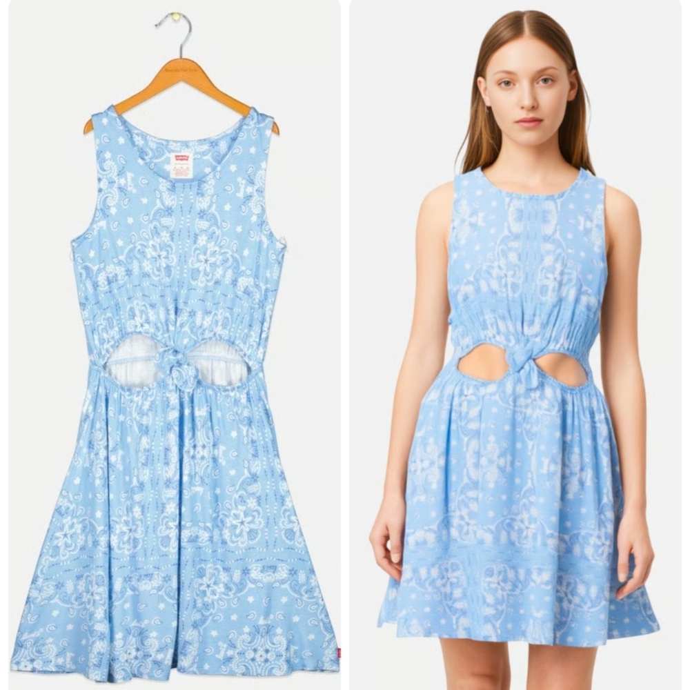 Levi's Paisley Print Blue & White Cut Out Detail Summer Spring Dress Medium